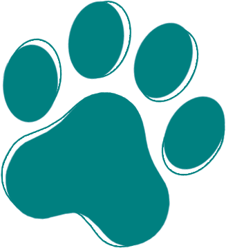 A green paw print with blue dots on it.